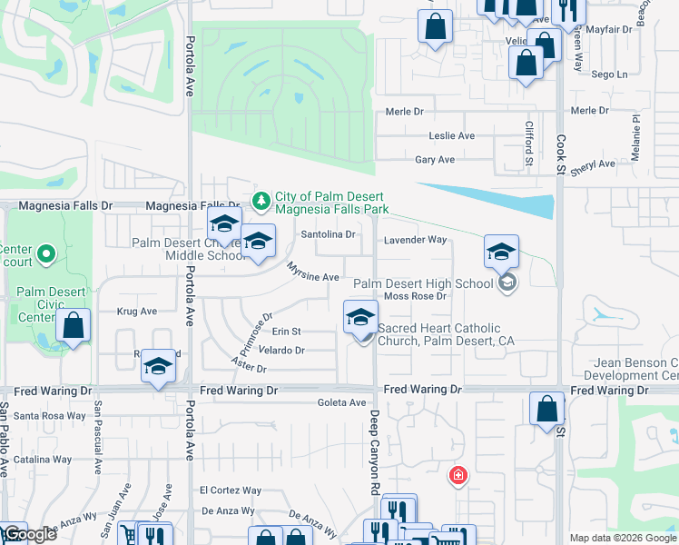 map of restaurants, bars, coffee shops, grocery stores, and more near 74398 Myrsine Avenue in Palm Desert