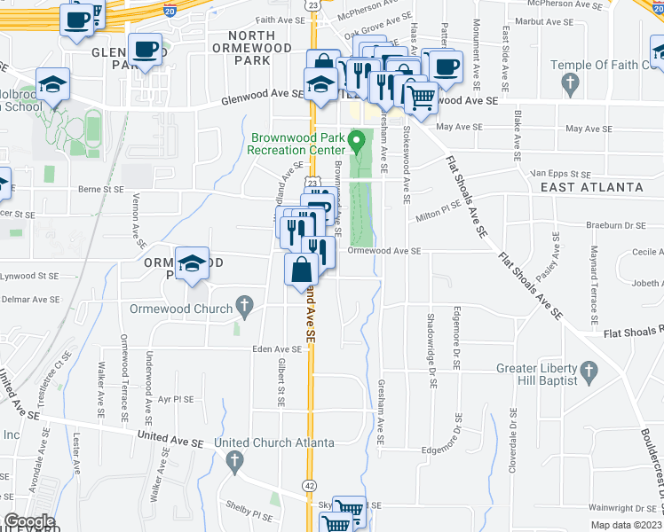 map of restaurants, bars, coffee shops, grocery stores, and more near 765 Brownwood Avenue Southeast in Atlanta