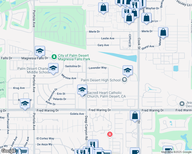 map of restaurants, bars, coffee shops, grocery stores, and more near 74540 Daylily Circle in Palm Desert