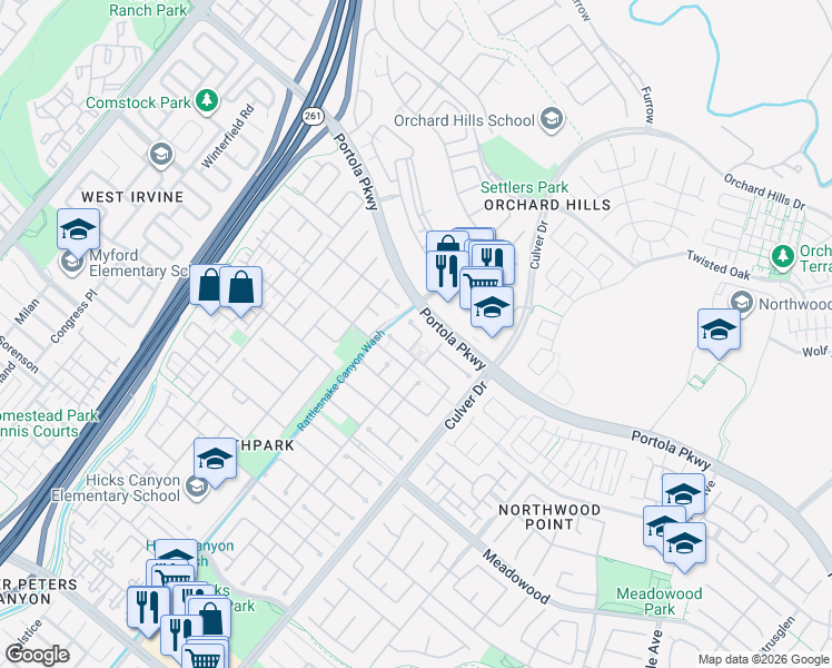 map of restaurants, bars, coffee shops, grocery stores, and more near 7 Poway in Irvine