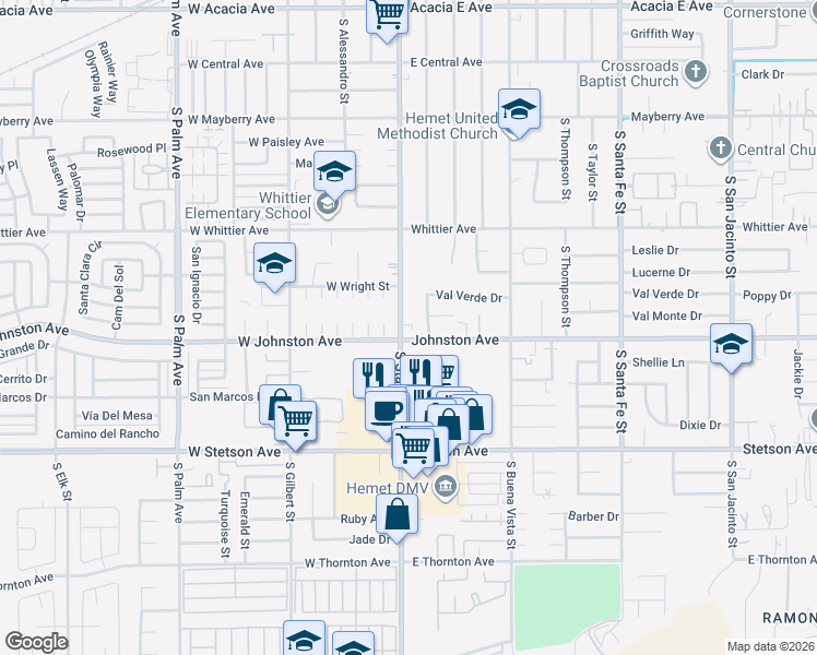 map of restaurants, bars, coffee shops, grocery stores, and more near 880 South State Street in Hemet