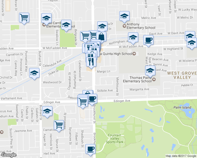 map of restaurants, bars, coffee shops, grocery stores, and more near 15781 Exeter Street in Westminster