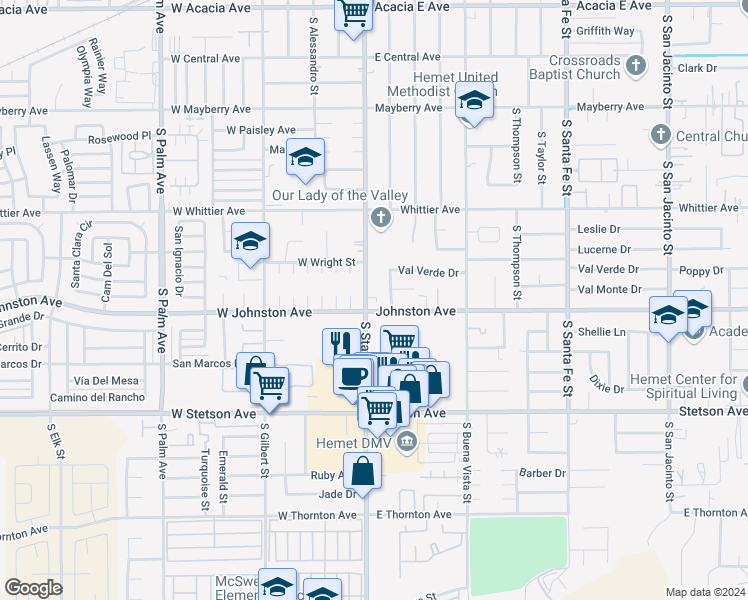 map of restaurants, bars, coffee shops, grocery stores, and more near 880 South State Street in Hemet