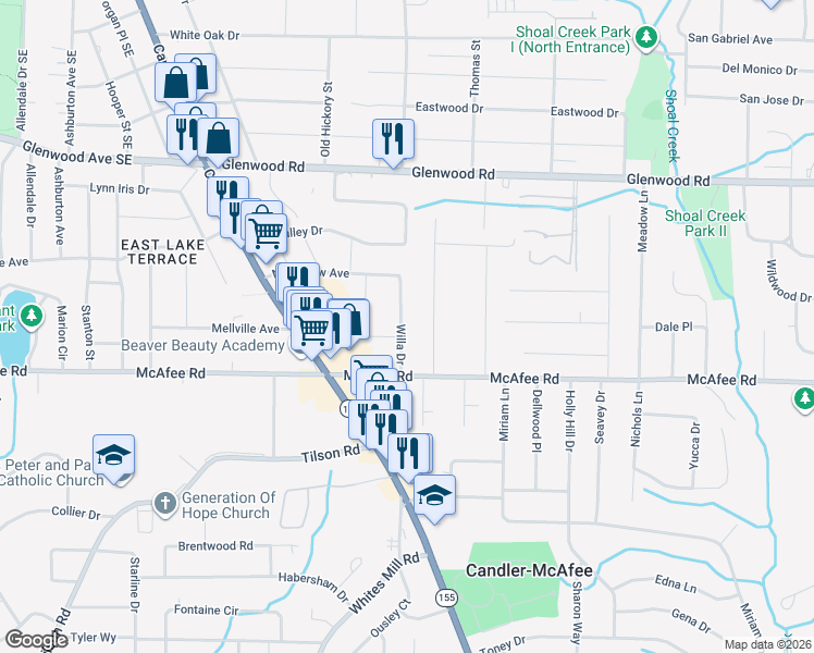 map of restaurants, bars, coffee shops, grocery stores, and more near 1966 Willa Drive in Decatur