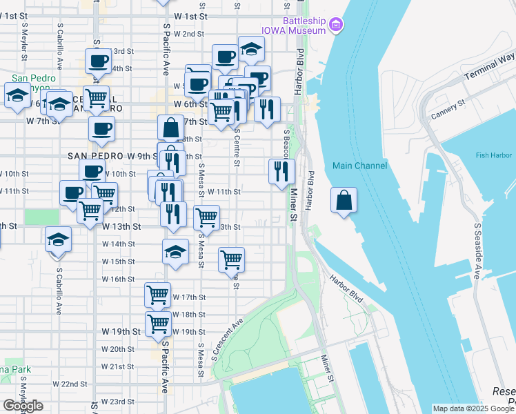 map of restaurants, bars, coffee shops, grocery stores, and more near 242 West 12th Street in Los Angeles
