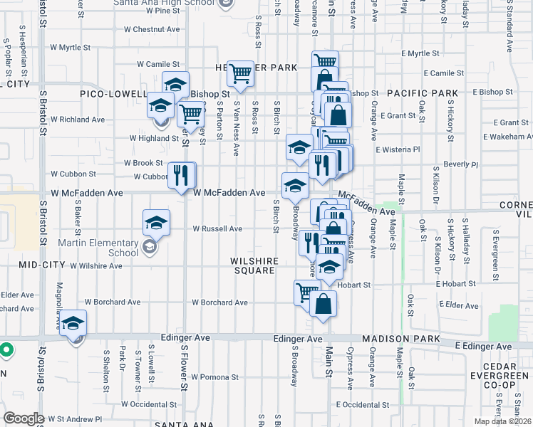 map of restaurants, bars, coffee shops, grocery stores, and more near 414 Glendale Court in Santa Ana