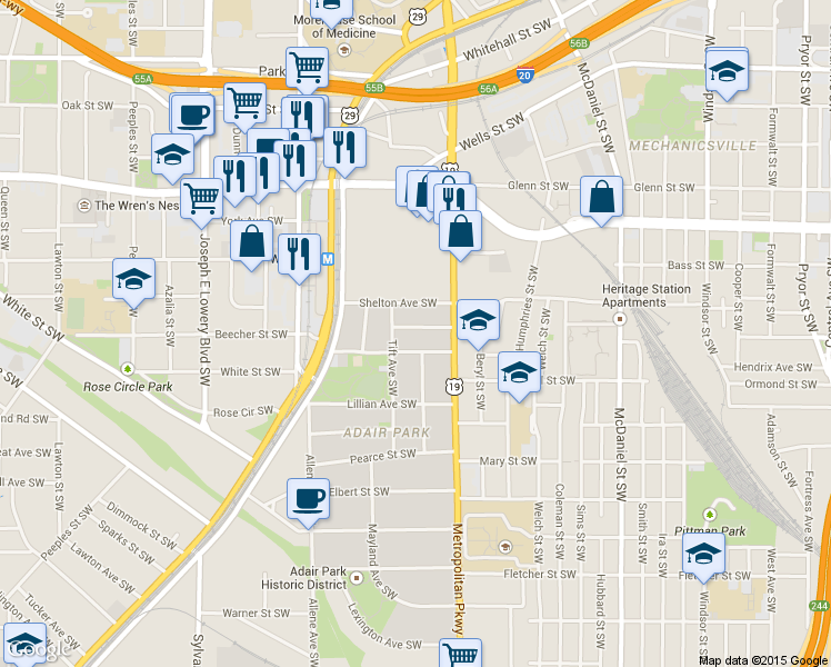map of restaurants, bars, coffee shops, grocery stores, and more near 664 Hugh St SW in Atlanta
