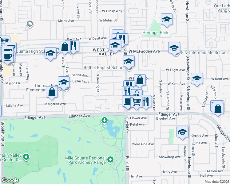 map of restaurants, bars, coffee shops, grocery stores, and more near 5310 West Crystal Lane in Santa Ana