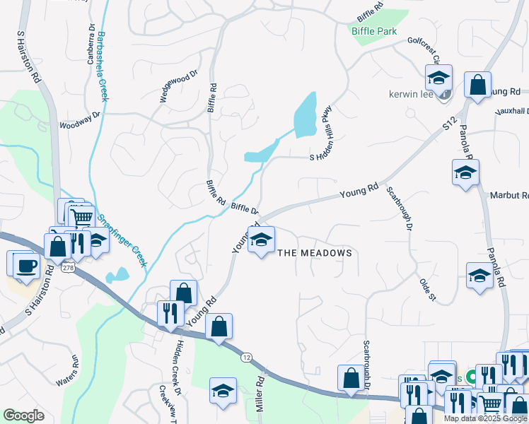 map of restaurants, bars, coffee shops, grocery stores, and more near 2020 South Hidden Hills Parkway in Stone Mountain