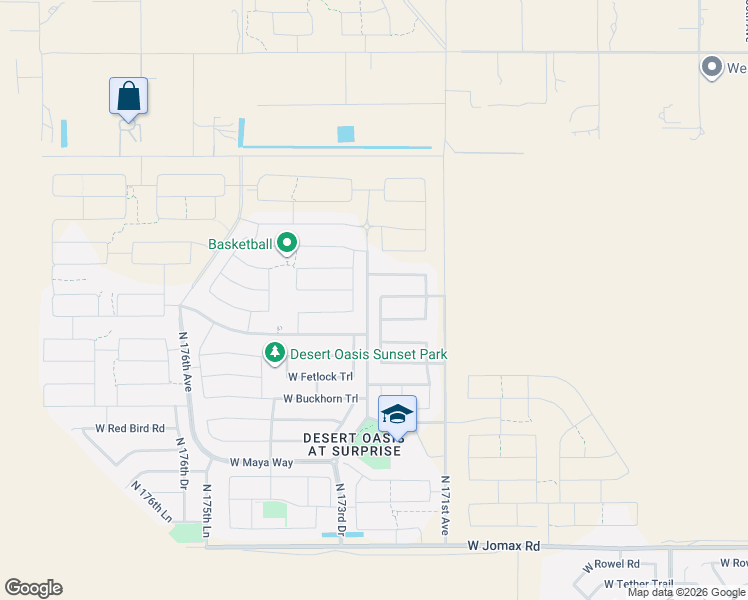 map of restaurants, bars, coffee shops, grocery stores, and more near 27604 172nd Ave in Surprise