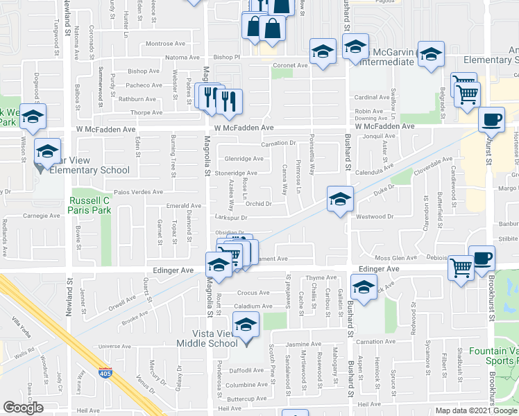 map of restaurants, bars, coffee shops, grocery stores, and more near 9200 Orchid Drive in Westminster