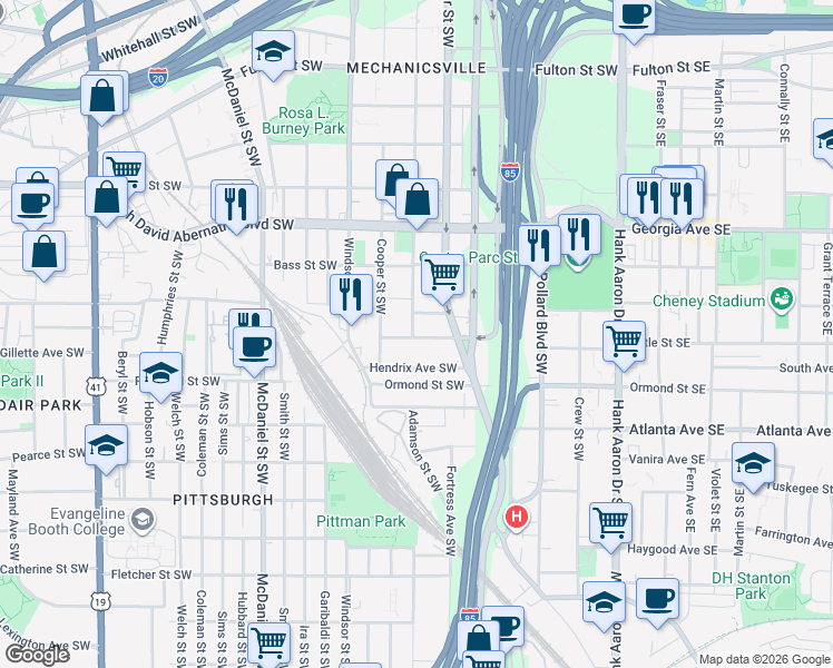 map of restaurants, bars, coffee shops, grocery stores, and more near 245 Dodd Avenue Southwest in Atlanta