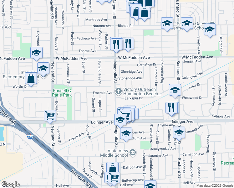 map of restaurants, bars, coffee shops, grocery stores, and more near 15750 Magnolia Street in Westminster