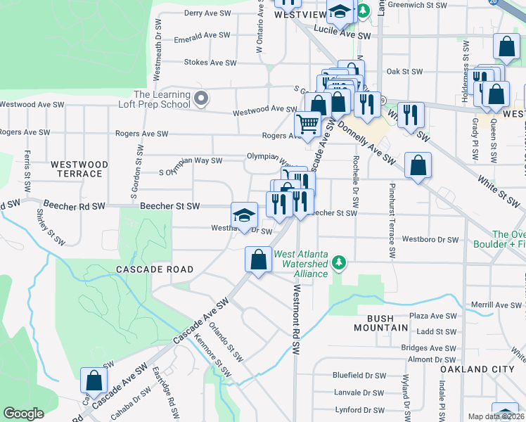 map of restaurants, bars, coffee shops, grocery stores, and more near 1584 Beecher Street Southwest in Atlanta