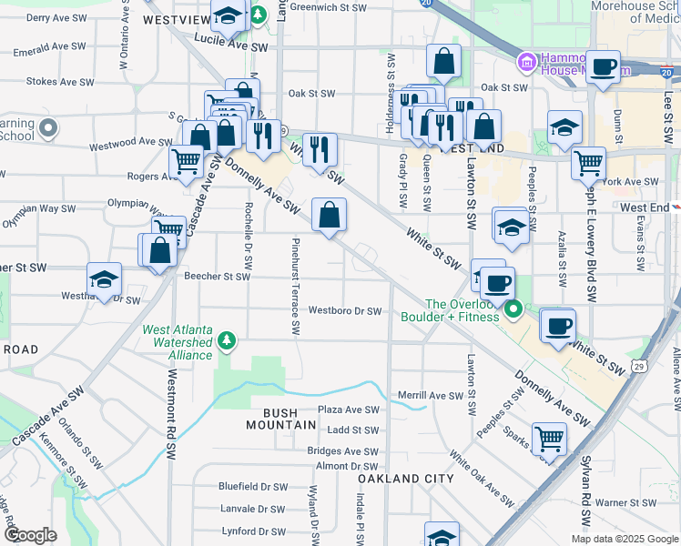 map of restaurants, bars, coffee shops, grocery stores, and more near 1283 Beecher Street Southwest in Atlanta