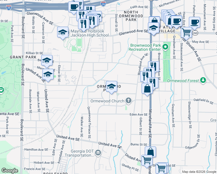map of restaurants, bars, coffee shops, grocery stores, and more near 984 Emerson Avenue Southeast in Atlanta