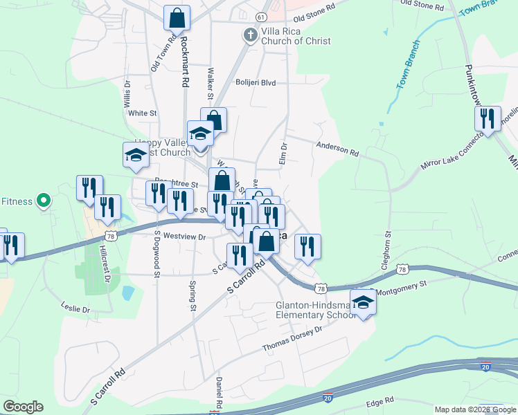 map of restaurants, bars, coffee shops, grocery stores, and more near 309 West Church Street in Villa Rica