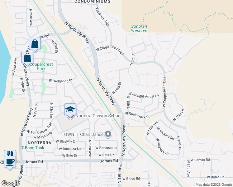 map of restaurants, bars, coffee shops, grocery stores, and more near 25326 North 19th Drive in Phoenix