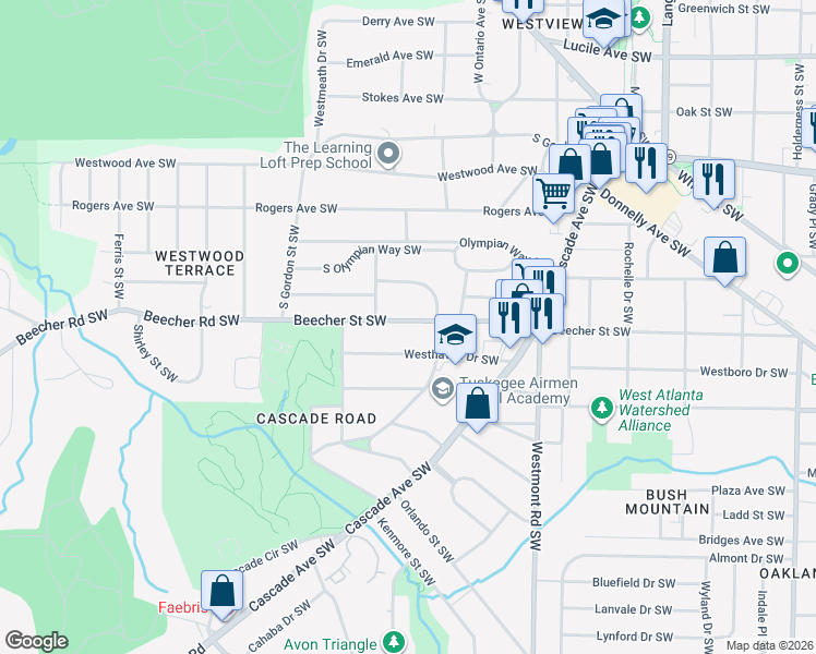 map of restaurants, bars, coffee shops, grocery stores, and more near 1674 Beecher Street Southwest in Atlanta