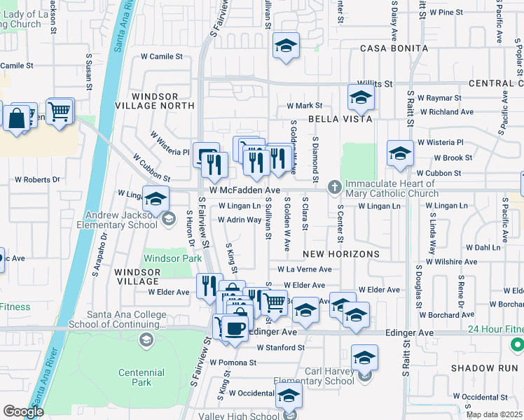 map of restaurants, bars, coffee shops, grocery stores, and more near 2510 West Lingan Lane in Santa Ana