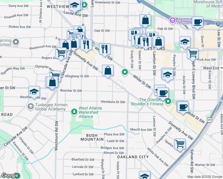 map of restaurants, bars, coffee shops, grocery stores, and more near 1283 Beecher Street Southwest in Atlanta