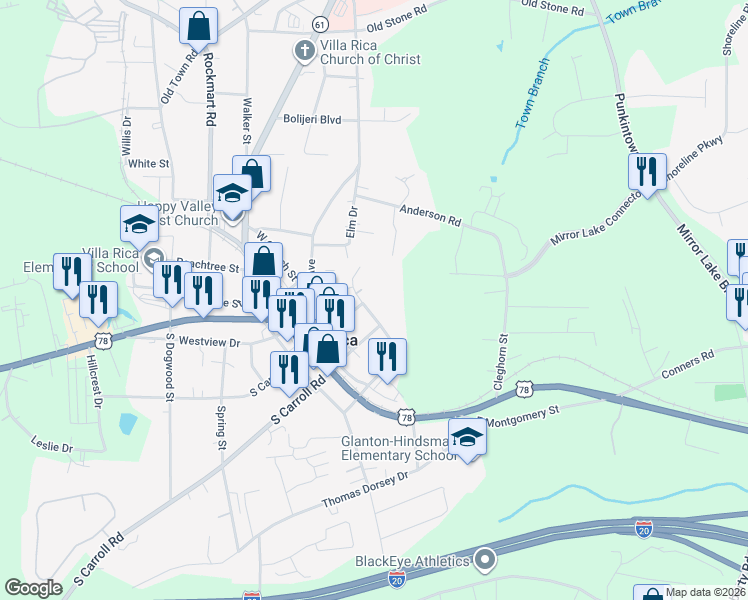 map of restaurants, bars, coffee shops, grocery stores, and more near 105 West Gordon Street in Villa Rica