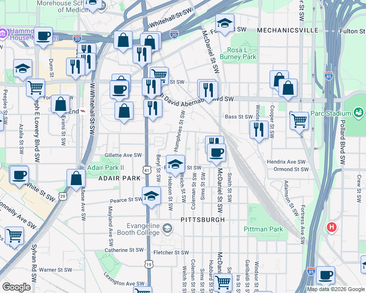map of restaurants, bars, coffee shops, grocery stores, and more near 793 Welch Street Southwest in Atlanta