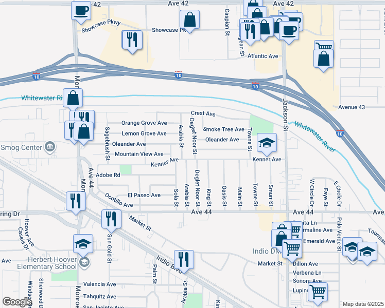 map of restaurants, bars, coffee shops, grocery stores, and more near 43445 Deglet Noor Street in Indio
