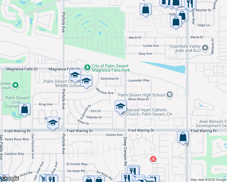 map of restaurants, bars, coffee shops, grocery stores, and more near 74398 Myrsine Avenue in Palm Desert