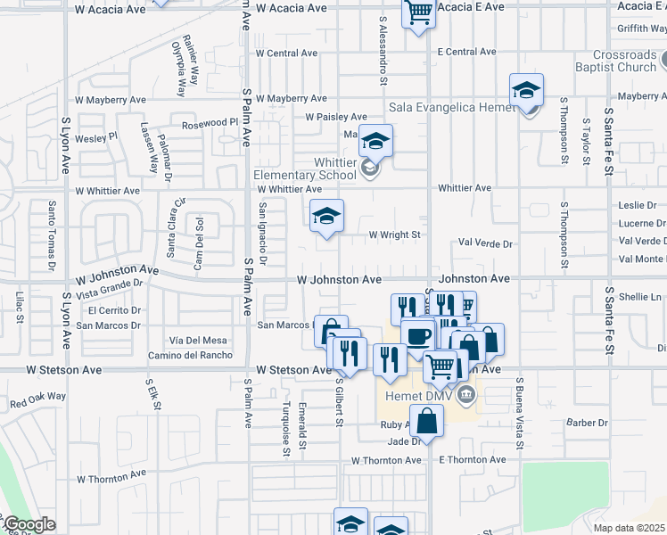 map of restaurants, bars, coffee shops, grocery stores, and more near 875 South Gilbert Street in Hemet