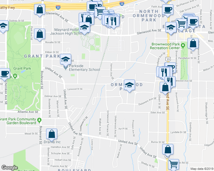 map of restaurants, bars, coffee shops, grocery stores, and more near 889 Ormewood Avenue Southeast in Atlanta