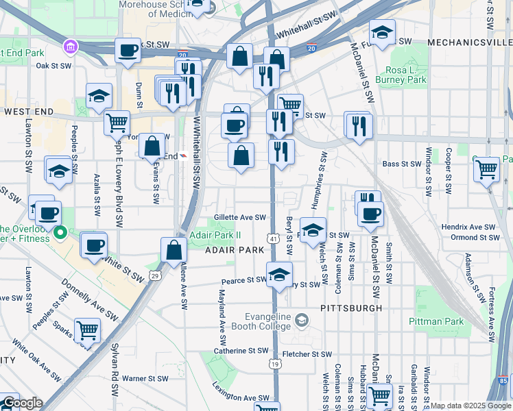 map of restaurants, bars, coffee shops, grocery stores, and more near 652 Hugh Street Southwest in Atlanta