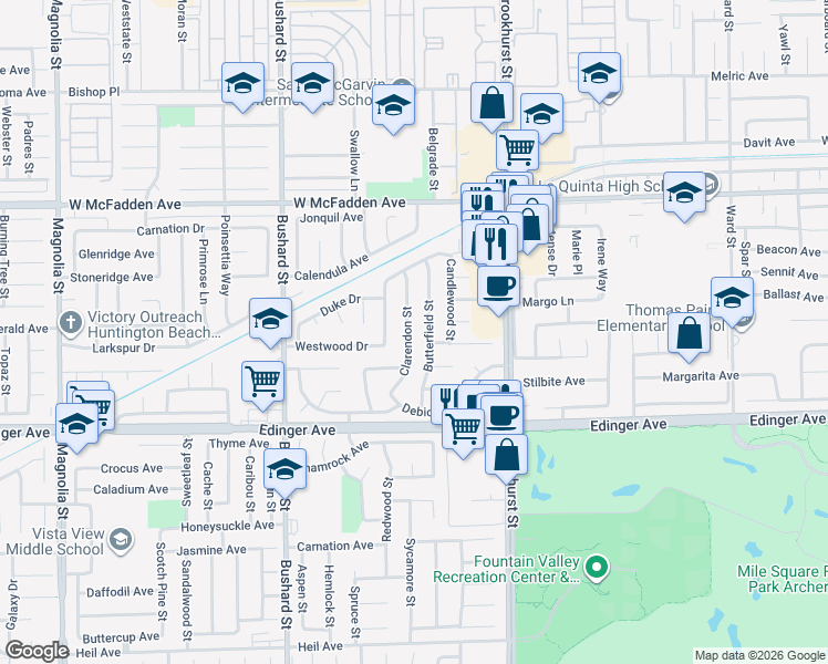 map of restaurants, bars, coffee shops, grocery stores, and more near 15792 Clarendon Street in Westminster
