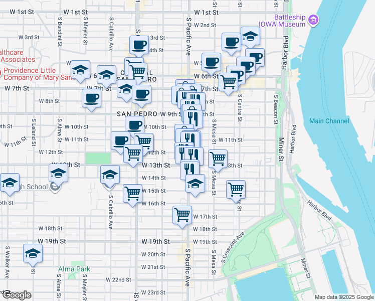 map of restaurants, bars, coffee shops, grocery stores, and more near 1141 South Pacific Avenue in Los Angeles