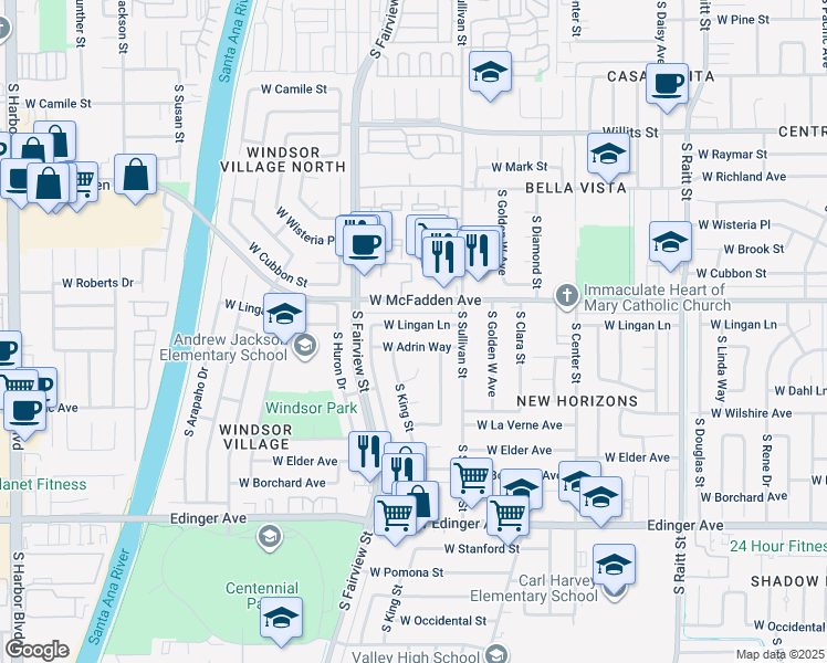 map of restaurants, bars, coffee shops, grocery stores, and more near 2614 West Lingan Lane in Santa Ana