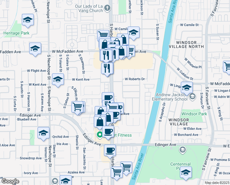 map of restaurants, bars, coffee shops, grocery stores, and more near 1107 South Harbor Boulevard in Santa Ana