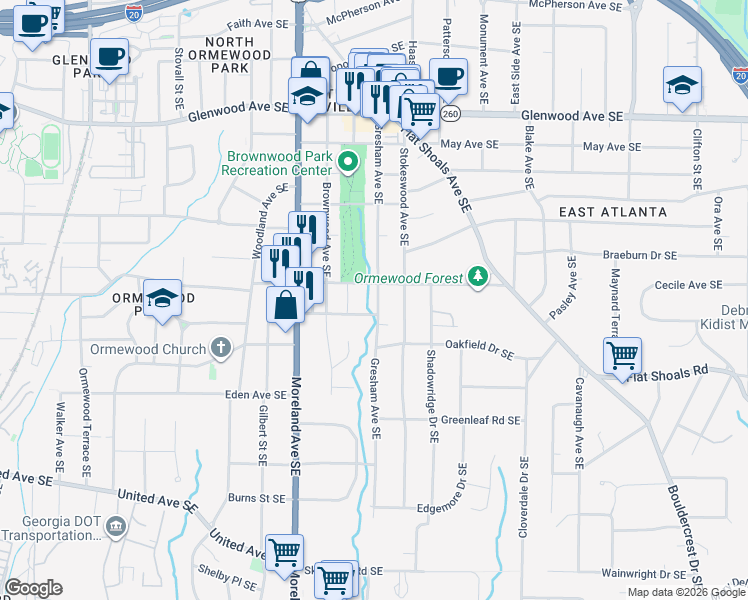 map of restaurants, bars, coffee shops, grocery stores, and more near 767 Gresham Avenue Southeast in Atlanta