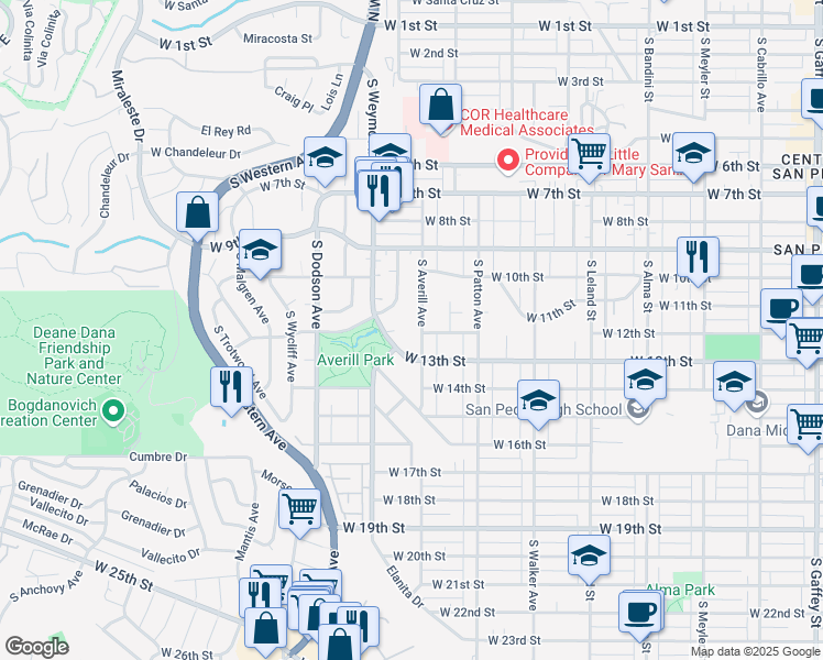 map of restaurants, bars, coffee shops, grocery stores, and more near 1151 South Averill Avenue in Los Angeles