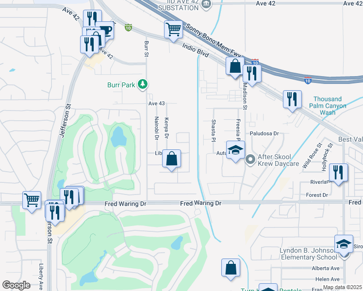 map of restaurants, bars, coffee shops, grocery stores, and more near 80669 Freedom Avenue in Indio