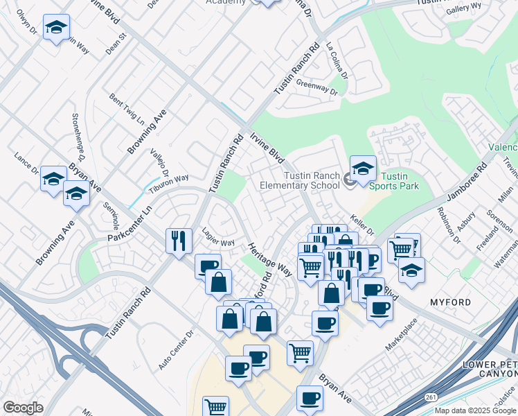 map of restaurants, bars, coffee shops, grocery stores, and more near 2492 San Simon Street in Tustin