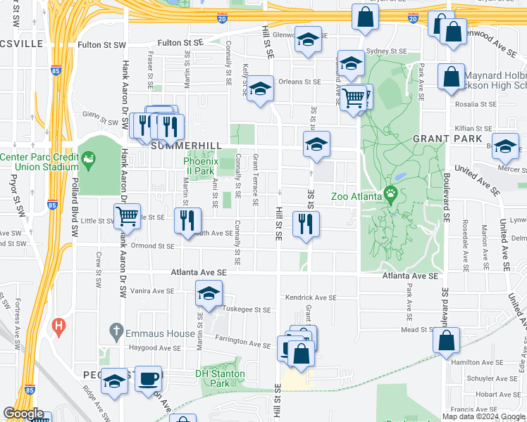 map of restaurants, bars, coffee shops, grocery stores, and more near 771 Woodson Street Southeast in Atlanta