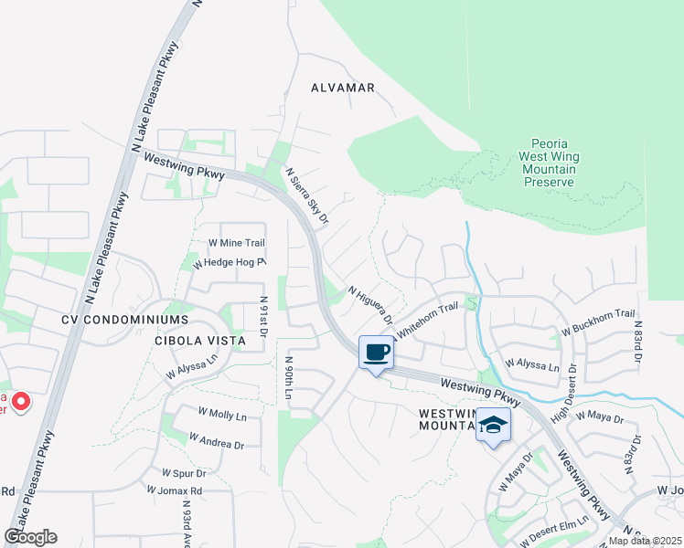 map of restaurants, bars, coffee shops, grocery stores, and more near 27458 North 89th Drive in Peoria