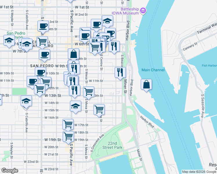 map of restaurants, bars, coffee shops, grocery stores, and more near 252 West 12th Street in Los Angeles