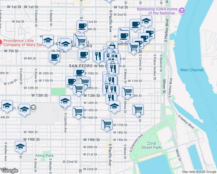 map of restaurants, bars, coffee shops, grocery stores, and more near 1141 South Pacific Avenue in Los Angeles