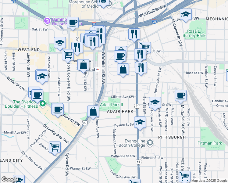 map of restaurants, bars, coffee shops, grocery stores, and more near 798 Lowndes Street Southwest in Atlanta