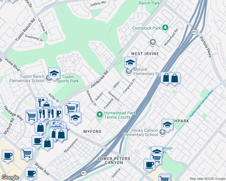 map of restaurants, bars, coffee shops, grocery stores, and more near 26 Valente in Irvine