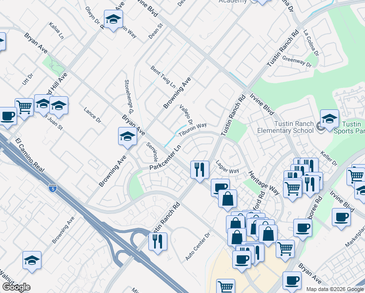 map of restaurants, bars, coffee shops, grocery stores, and more near 13421 Montecito in Tustin
