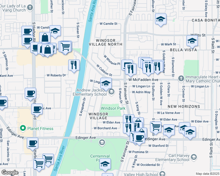 map of restaurants, bars, coffee shops, grocery stores, and more near 2920 West Lingan Lane in Santa Ana