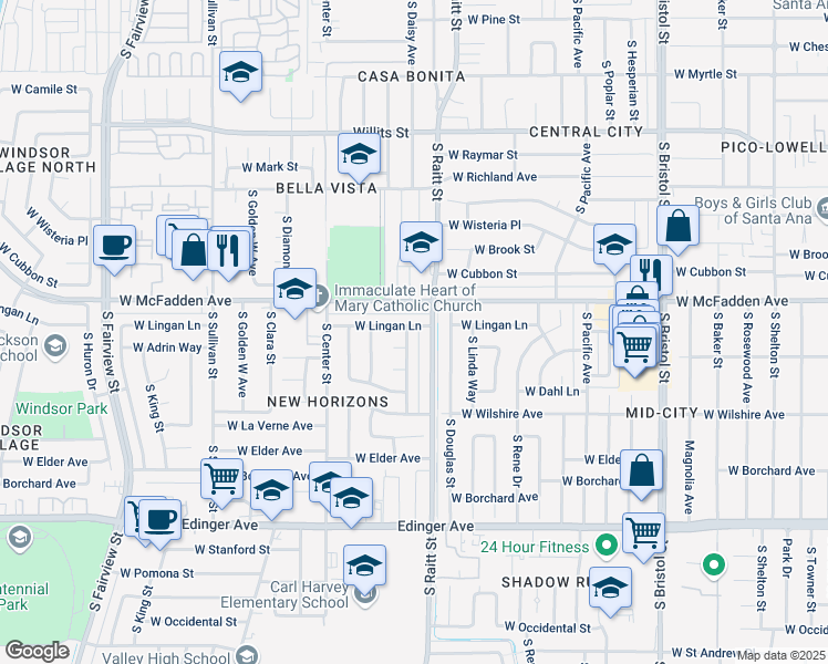 map of restaurants, bars, coffee shops, grocery stores, and more near 1100 South Raitt Street in Santa Ana