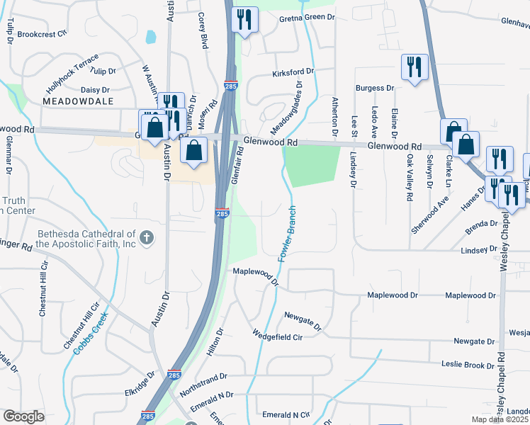 map of restaurants, bars, coffee shops, grocery stores, and more near 1946 Glenwood Downs Drive in Decatur